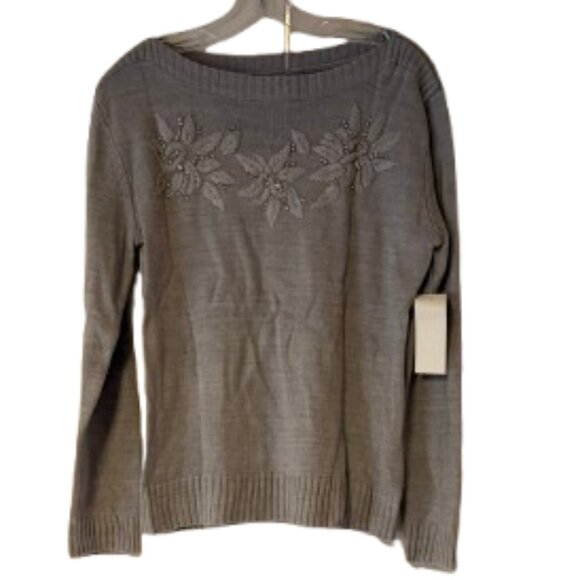 New York & Company Gray Boatneck Sweater with Floral Embellishment - Medium - Picture 1 of 6